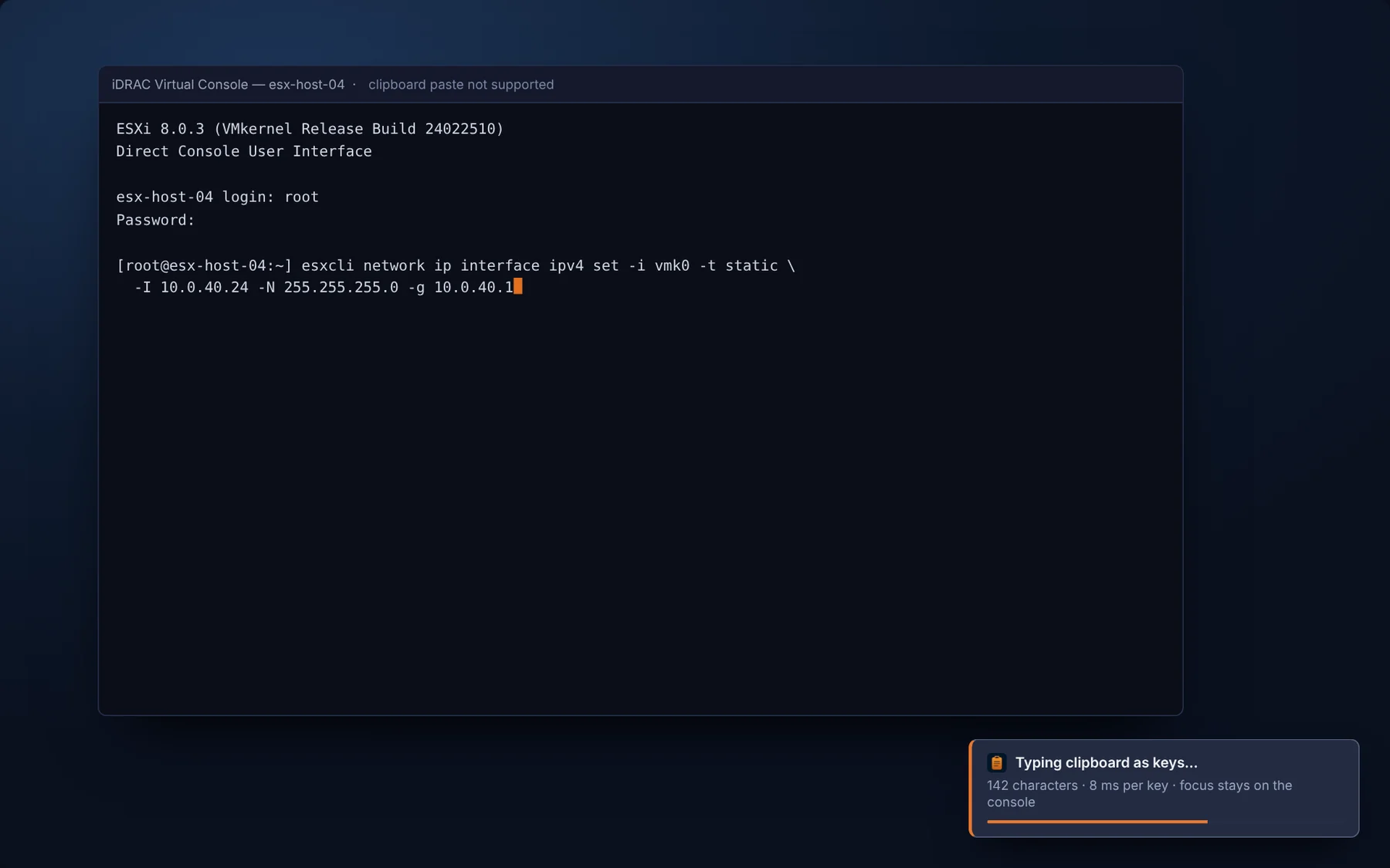 ECX-Clip typing a command into a remote console as keystrokes