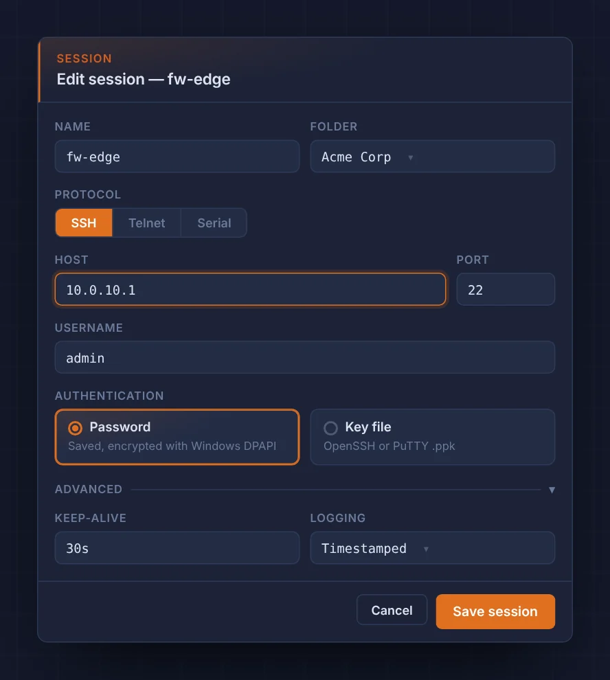 Edit session dialog with protocol, host, and authentication options