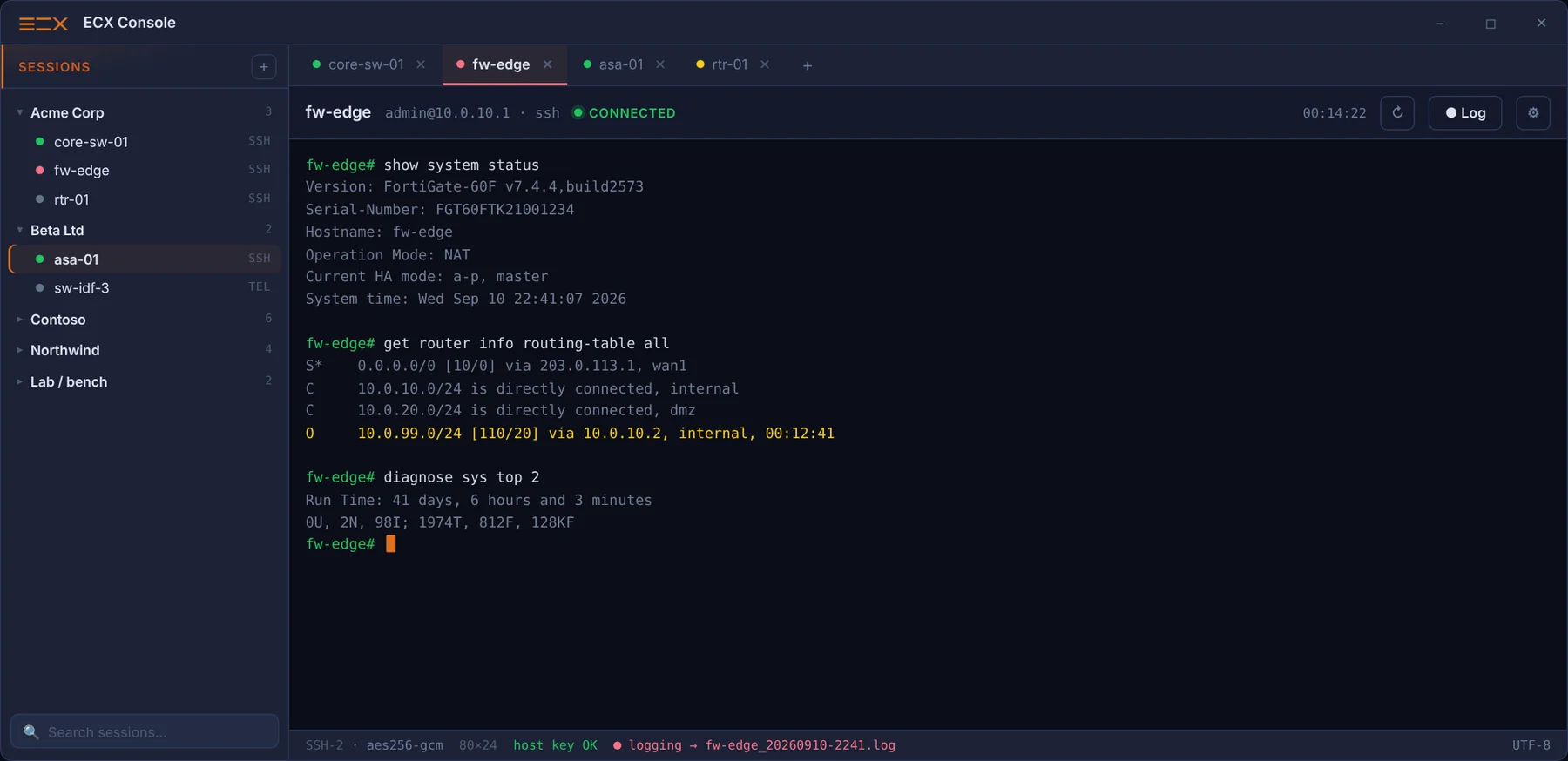 Main window with session tree and a connected SSH tab