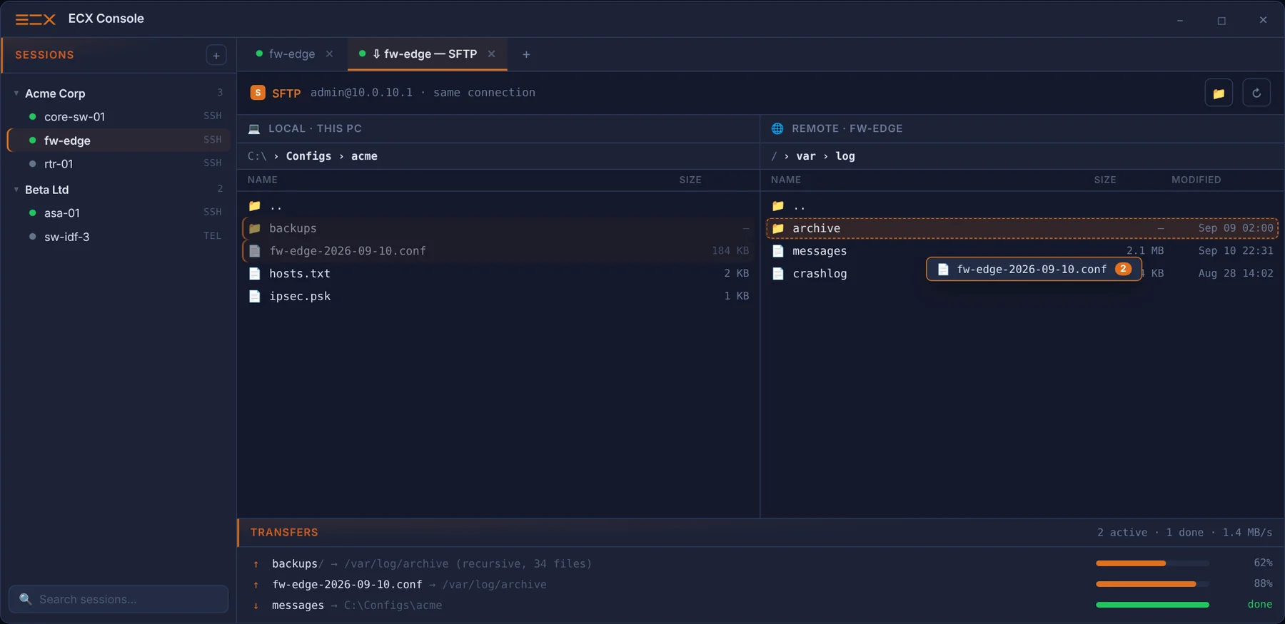 Two-pane SFTP browser with a transfer queue