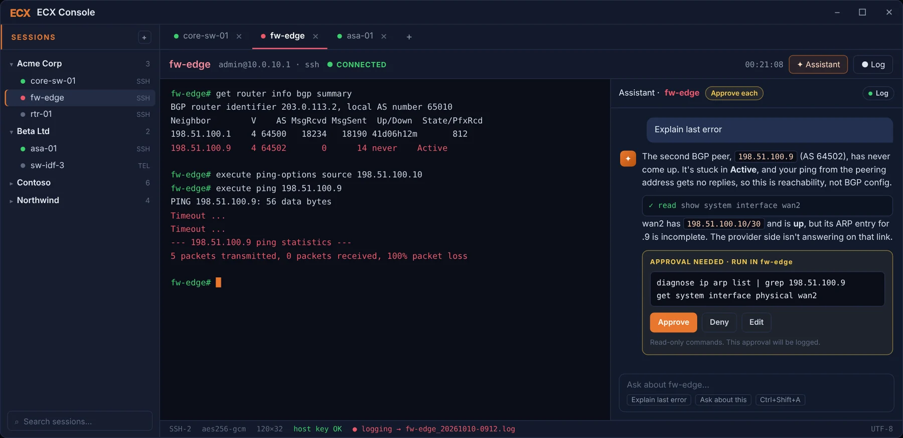 Claude assistant panel explaining a BGP error and asking approval to run read-only commands