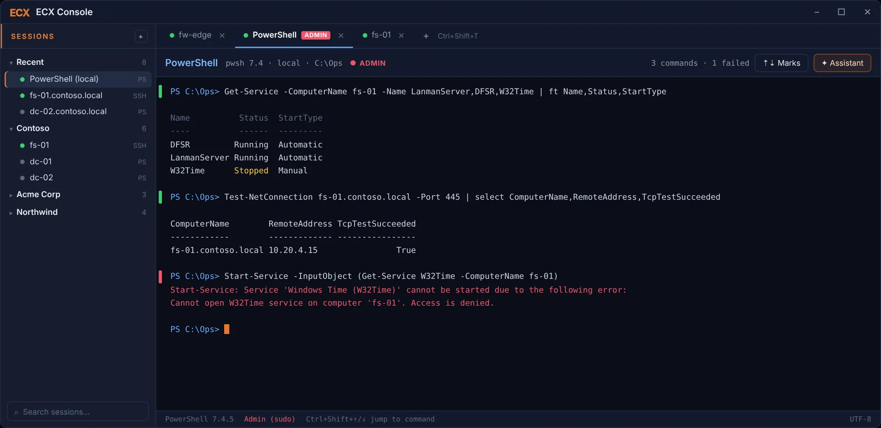 Local PowerShell tab running as administrator, with command marks in the margin